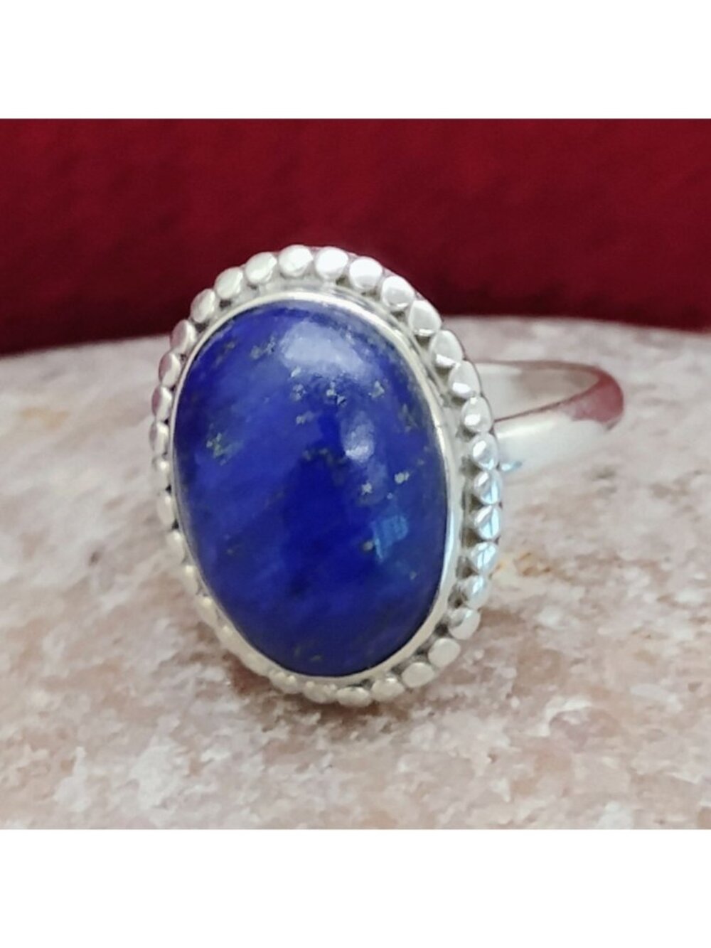 925 Sterling Silver Lapis Lazuli Oval Ring w/Beaded Edge Size 6